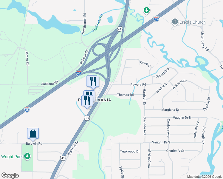 map of restaurants, bars, coffee shops, grocery stores, and more near 6254 Old Highway 43 in Satsuma