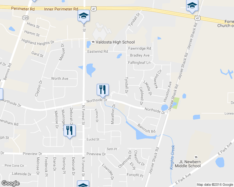 map of restaurants, bars, coffee shops, grocery stores, and more near 2731 Tyndall Drive in Valdosta