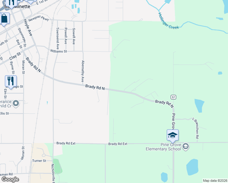 map of restaurants, bars, coffee shops, grocery stores, and more near 15590 Brady Rd in Bay Minette