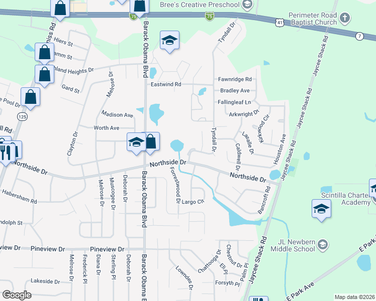 map of restaurants, bars, coffee shops, grocery stores, and more near 2728 Tyndall Drive in Valdosta