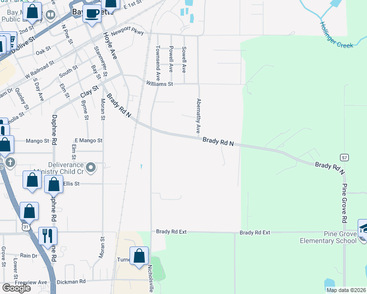 map of restaurants, bars, coffee shops, grocery stores, and more near 605 South White Avenue in Bay Minette
