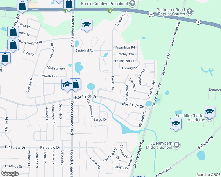map of restaurants, bars, coffee shops, grocery stores, and more near 2760 Tyndall Drive in Valdosta