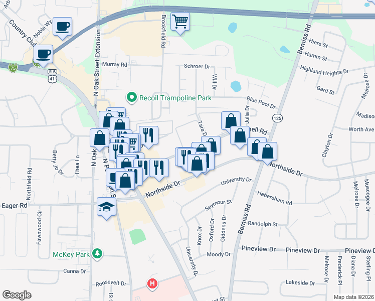 map of restaurants, bars, coffee shops, grocery stores, and more near 412 Connell Road in Valdosta