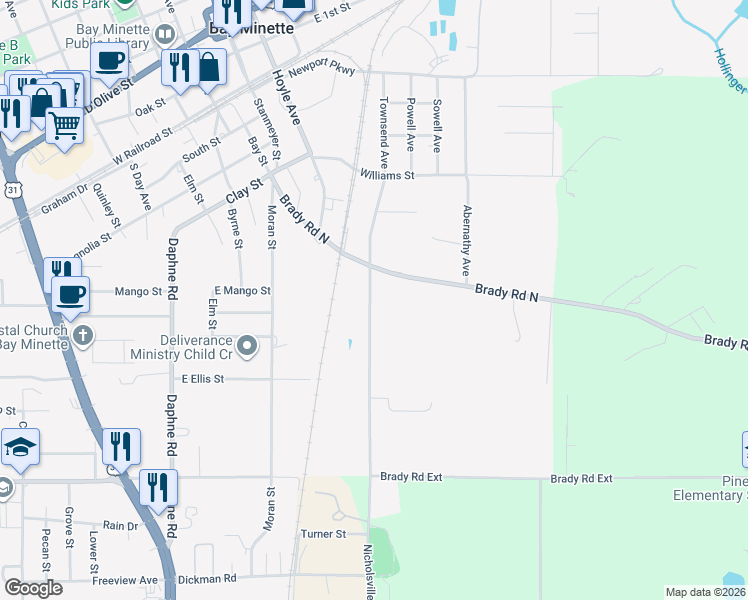 map of restaurants, bars, coffee shops, grocery stores, and more near 605 South White Avenue in Bay Minette