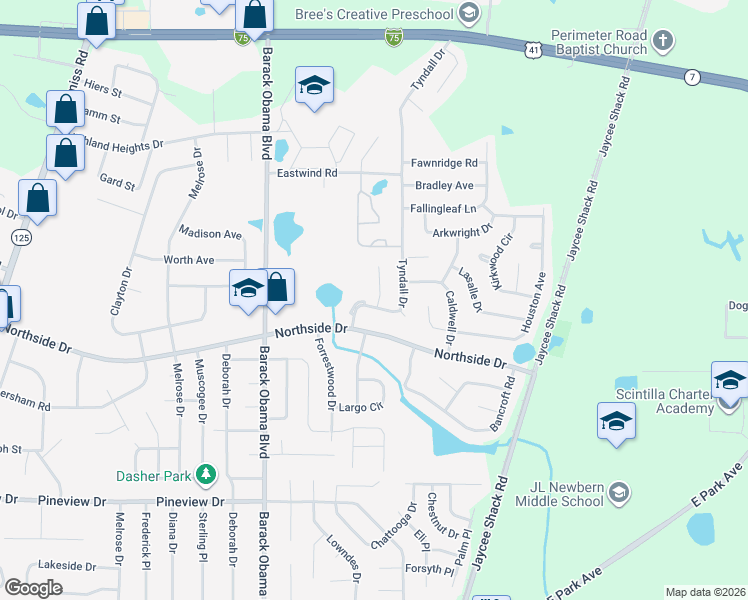 map of restaurants, bars, coffee shops, grocery stores, and more near 2746 Tyndall Drive in Valdosta