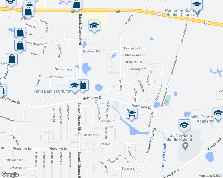 map of restaurants, bars, coffee shops, grocery stores, and more near 2744 Tyndall Drive in Valdosta