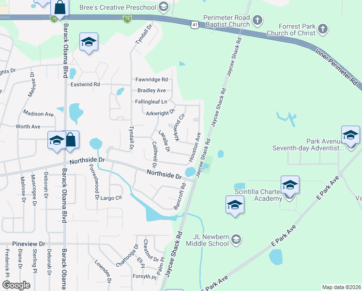 map of restaurants, bars, coffee shops, grocery stores, and more near 2818 Kirkwood Circle in Valdosta