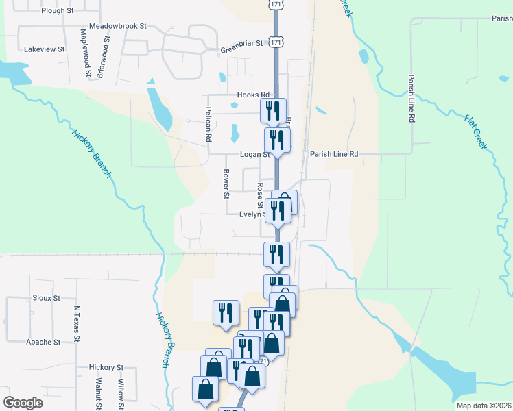 map of restaurants, bars, coffee shops, grocery stores, and more near 1511 Rose Street in DeRidder