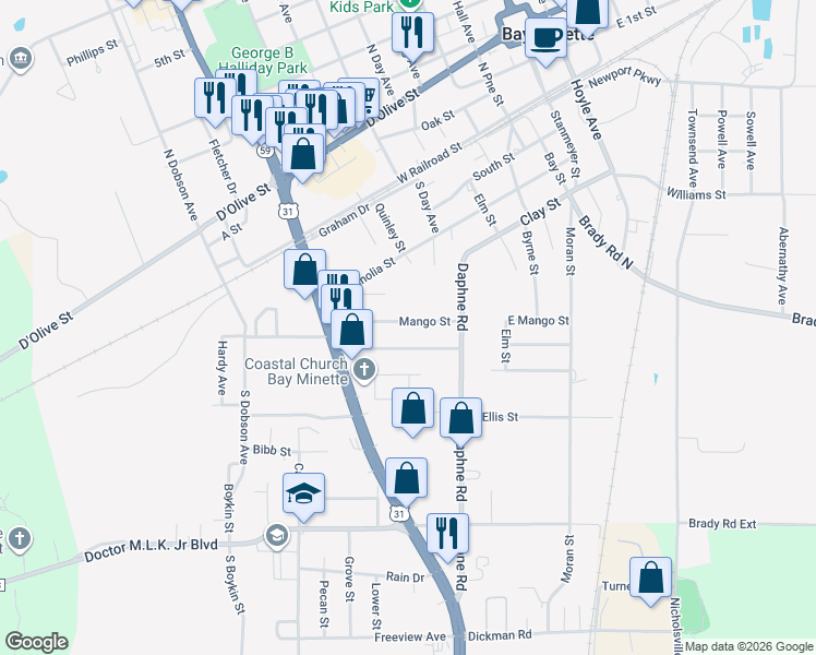 map of restaurants, bars, coffee shops, grocery stores, and more near 203 Mango Street in Bay Minette
