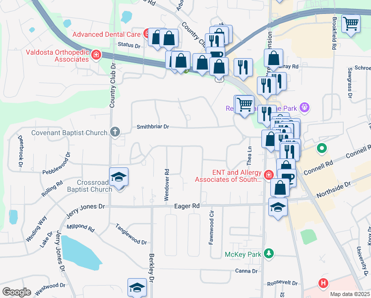 map of restaurants, bars, coffee shops, grocery stores, and more near 407 Northfield Road in Valdosta