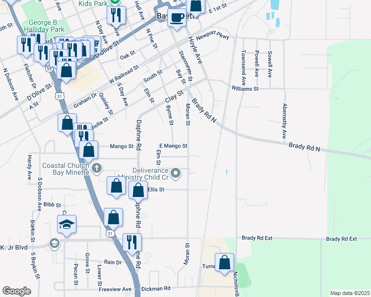 map of restaurants, bars, coffee shops, grocery stores, and more near 320 East Mango Street in Bay Minette