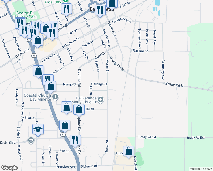 map of restaurants, bars, coffee shops, grocery stores, and more near 320 East Mango Street in Bay Minette