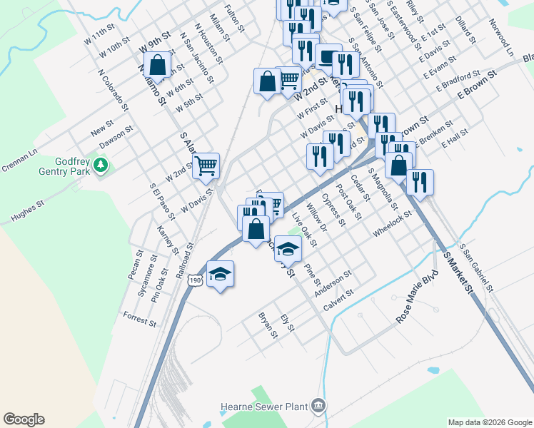 map of restaurants, bars, coffee shops, grocery stores, and more near 800 West Brown Street in Hearne