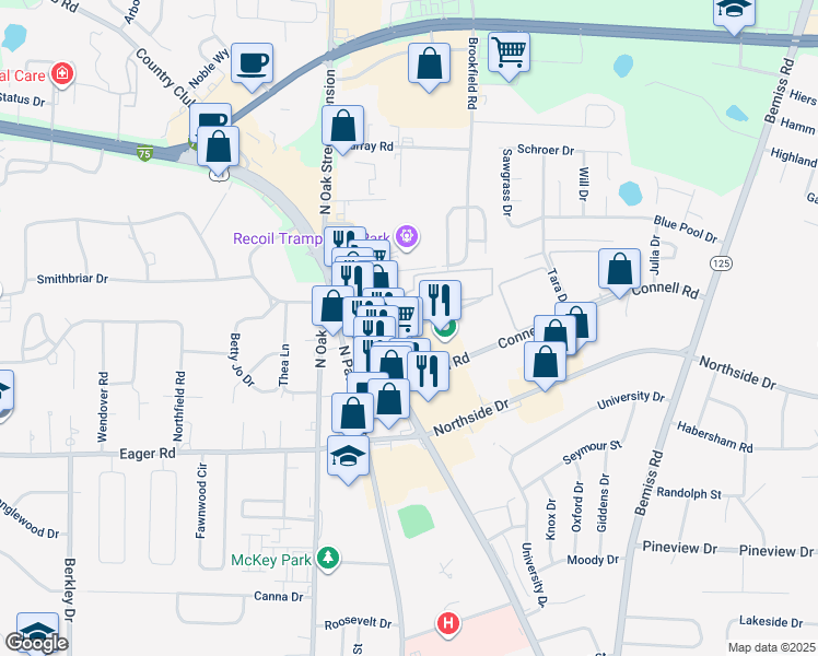 map of restaurants, bars, coffee shops, grocery stores, and more near 98b Garden Drive in Valdosta