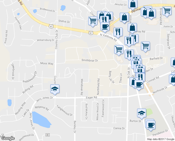 map of restaurants, bars, coffee shops, grocery stores, and more near 3019 Northfield Road in Valdosta