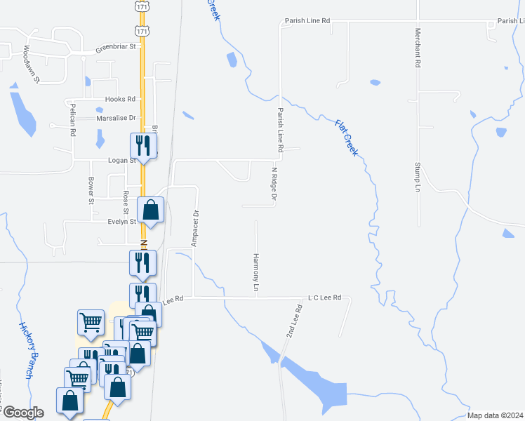 map of restaurants, bars, coffee shops, grocery stores, and more near 211 North Ridge Drive in DeRidder