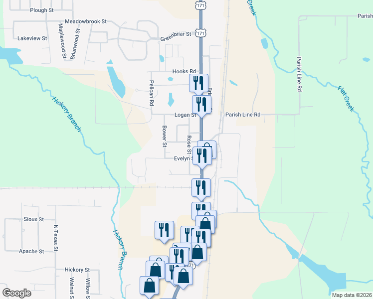 map of restaurants, bars, coffee shops, grocery stores, and more near 1511 Rose Street in DeRidder