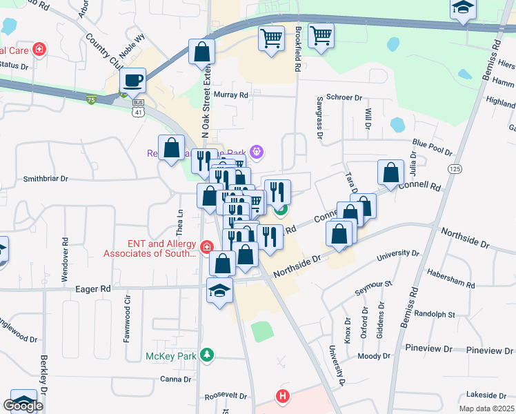 map of restaurants, bars, coffee shops, grocery stores, and more near 100 Garden Drive in Valdosta