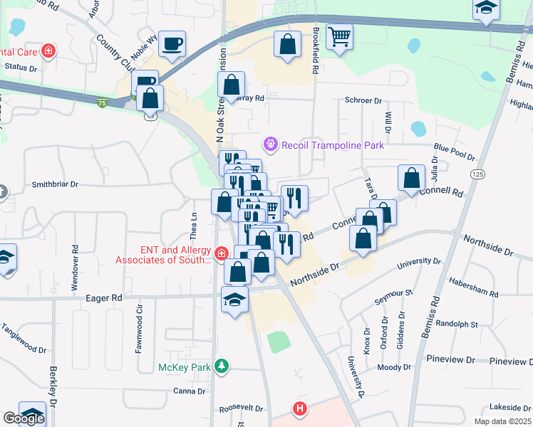 map of restaurants, bars, coffee shops, grocery stores, and more near 98b Garden Drive in Valdosta