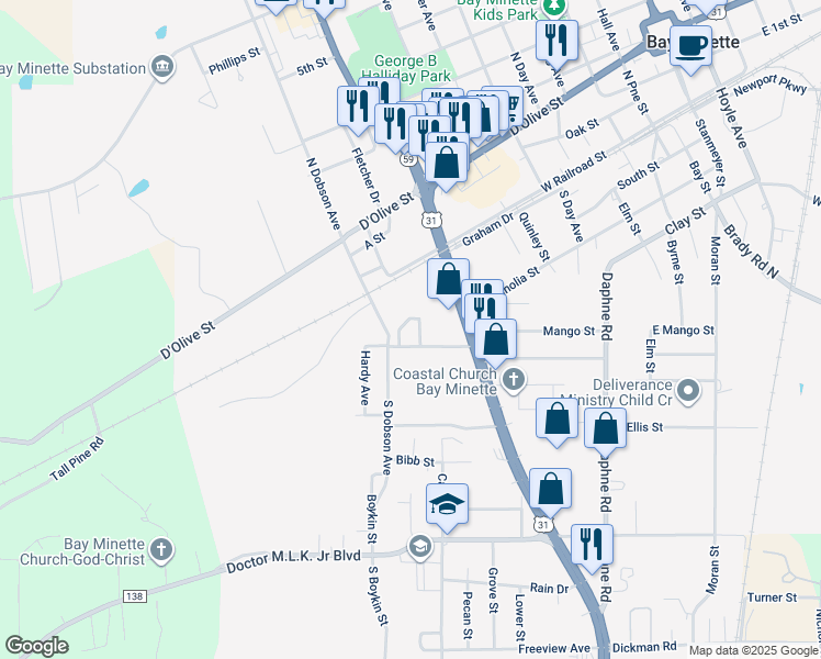 map of restaurants, bars, coffee shops, grocery stores, and more near 603 South Dobson Avenue in Bay Minette
