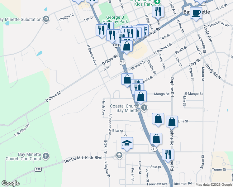 map of restaurants, bars, coffee shops, grocery stores, and more near 603 South Dobson Avenue in Bay Minette