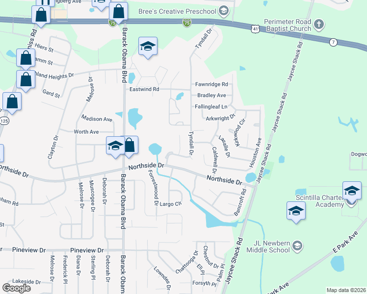 map of restaurants, bars, coffee shops, grocery stores, and more near 2760 Tyndall Drive in Valdosta