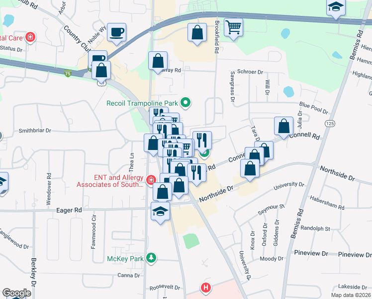 map of restaurants, bars, coffee shops, grocery stores, and more near 98b Garden Drive in Valdosta