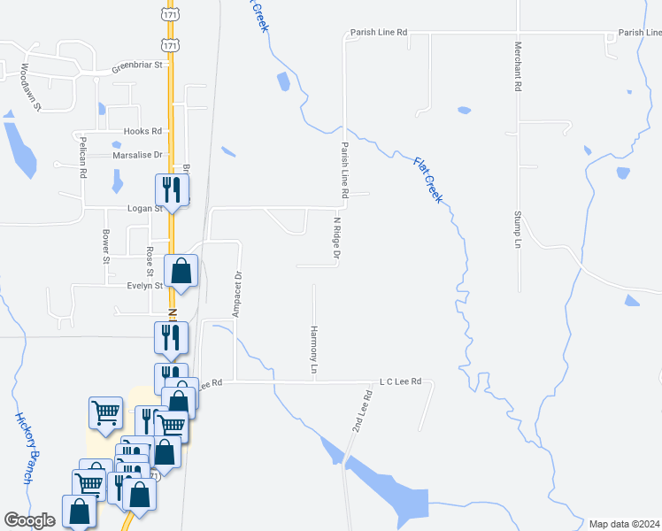map of restaurants, bars, coffee shops, grocery stores, and more near 196 North Ridge Drive in DeRidder