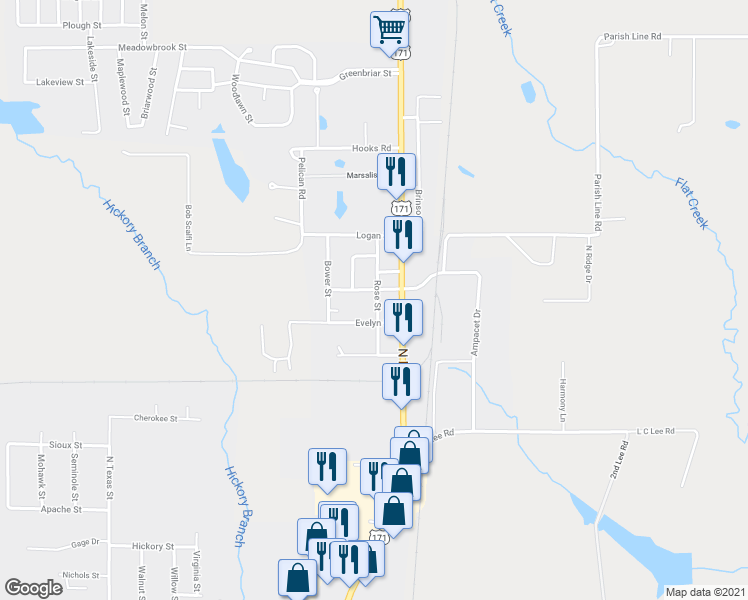 map of restaurants, bars, coffee shops, grocery stores, and more near 1523 Rose Street in DeRidder