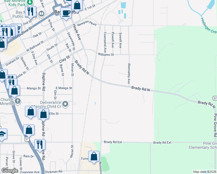 map of restaurants, bars, coffee shops, grocery stores, and more near 810 Brady Rd in Bay Minette