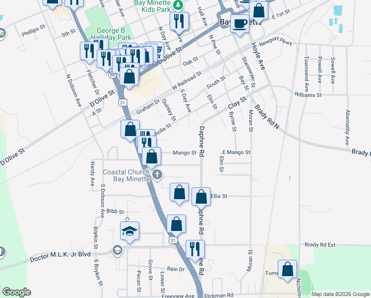 map of restaurants, bars, coffee shops, grocery stores, and more near 203 Mango Street in Bay Minette