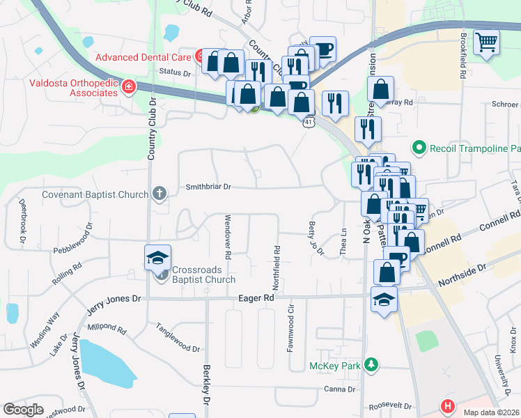 map of restaurants, bars, coffee shops, grocery stores, and more near 2908 Northfield Road in Valdosta
