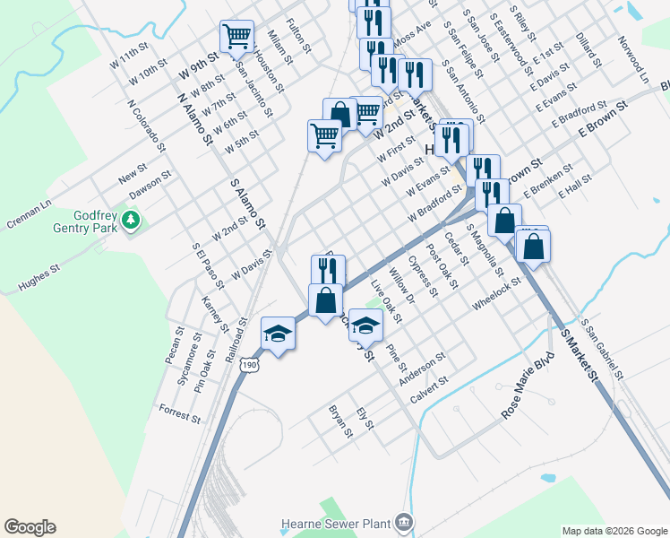 map of restaurants, bars, coffee shops, grocery stores, and more near 800 W Brown St in Hearne