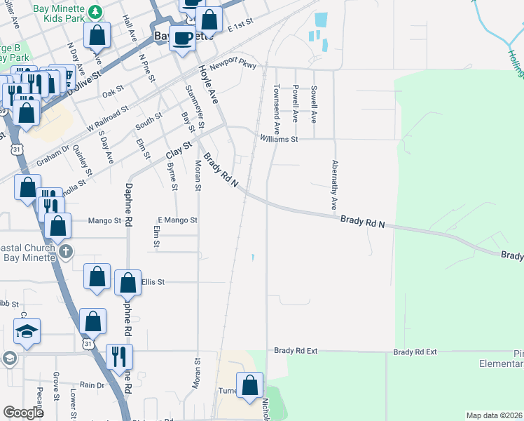 map of restaurants, bars, coffee shops, grocery stores, and more near 602 South White Avenue in Bay Minette