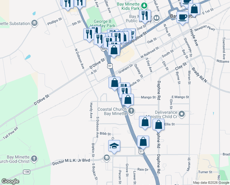 map of restaurants, bars, coffee shops, grocery stores, and more near 106 U.S. 31 in Bay Minette