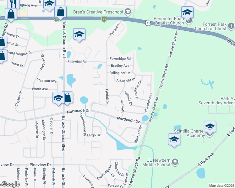 map of restaurants, bars, coffee shops, grocery stores, and more near 5 Saint John Place in Valdosta