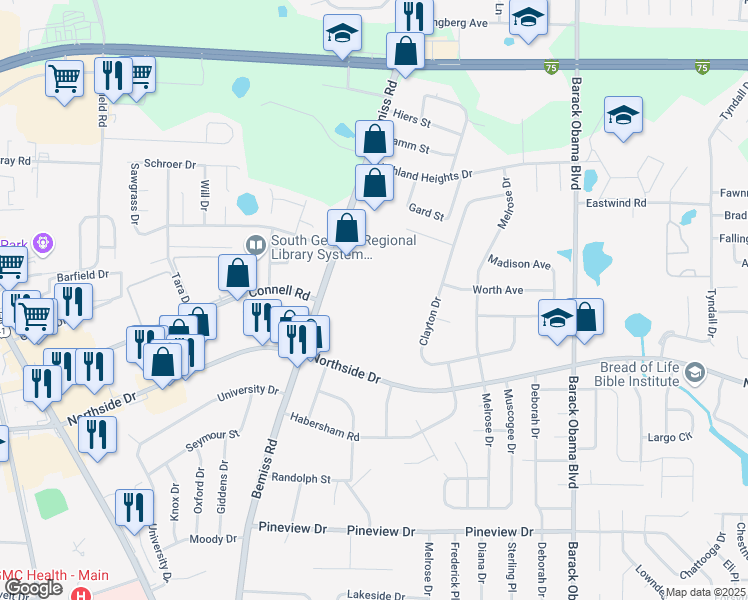 map of restaurants, bars, coffee shops, grocery stores, and more near 2613 Bemiss Road in Valdosta