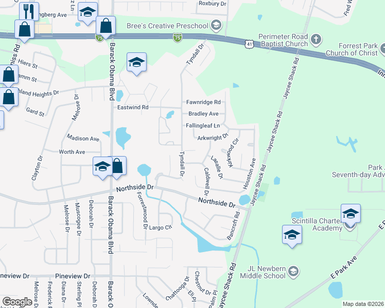 map of restaurants, bars, coffee shops, grocery stores, and more near 5 Saint John Place in Valdosta