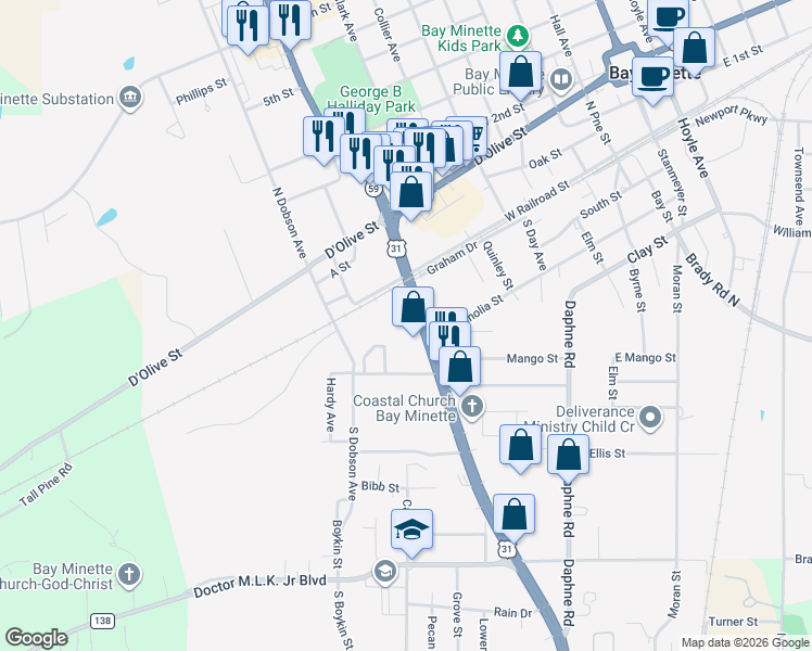 map of restaurants, bars, coffee shops, grocery stores, and more near 106 U.S. 31 in Bay Minette