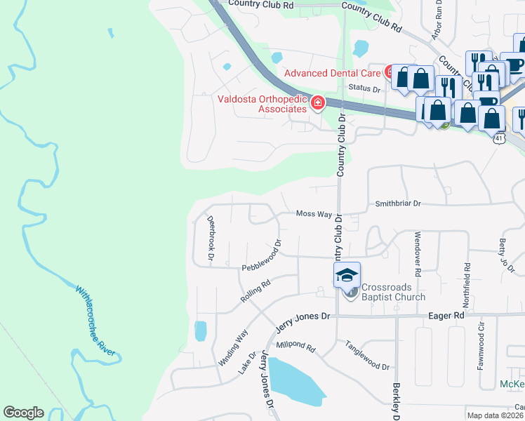 map of restaurants, bars, coffee shops, grocery stores, and more near 2802 Pebblewood Drive in Valdosta