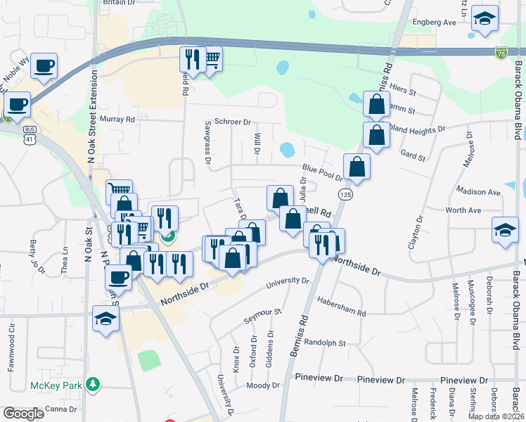 map of restaurants, bars, coffee shops, grocery stores, and more near 422 Connell Road in Valdosta