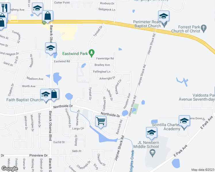 map of restaurants, bars, coffee shops, grocery stores, and more near 2907 Remington Avenue in Valdosta