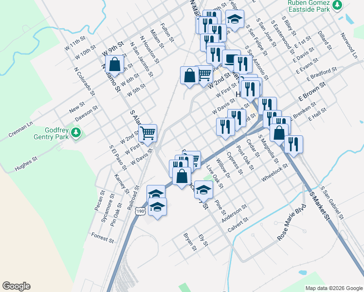 map of restaurants, bars, coffee shops, grocery stores, and more near 699 Pine Street in Hearne