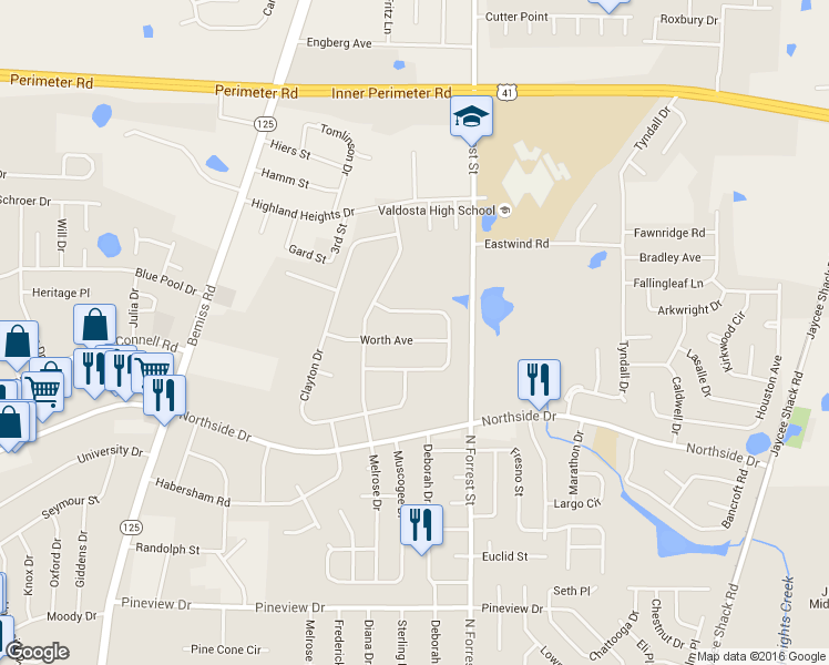 map of restaurants, bars, coffee shops, grocery stores, and more near 918 Worth Ave in Valdosta