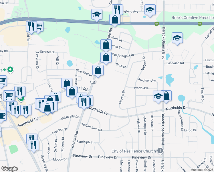 map of restaurants, bars, coffee shops, grocery stores, and more near 2613 Bemiss Road in Valdosta