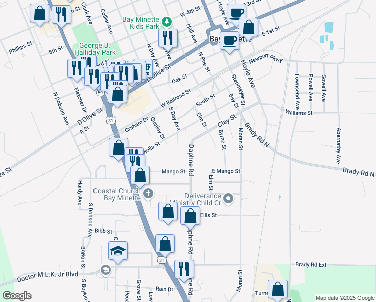 map of restaurants, bars, coffee shops, grocery stores, and more near 506 Daphne Road in Bay Minette