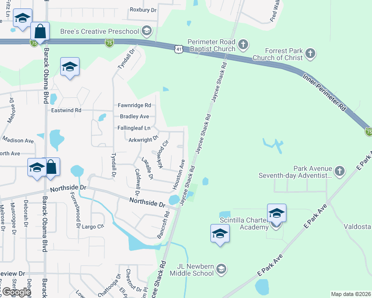 map of restaurants, bars, coffee shops, grocery stores, and more near 2123 Houston Avenue in Valdosta