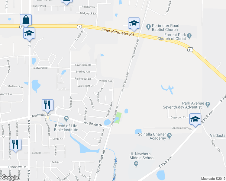 map of restaurants, bars, coffee shops, grocery stores, and more near 2126 Houston Avenue in Valdosta