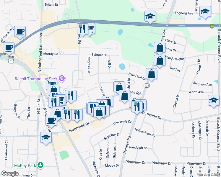 map of restaurants, bars, coffee shops, grocery stores, and more near 422 Connell Road in Valdosta