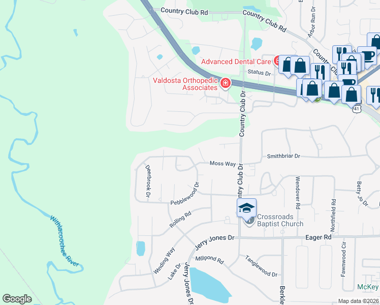 map of restaurants, bars, coffee shops, grocery stores, and more near 2802 Pebblewood Drive in Valdosta